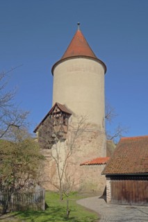 Digestion defence tower in the historic municipal building yard, round defence tower, Dinkelsbühl,
