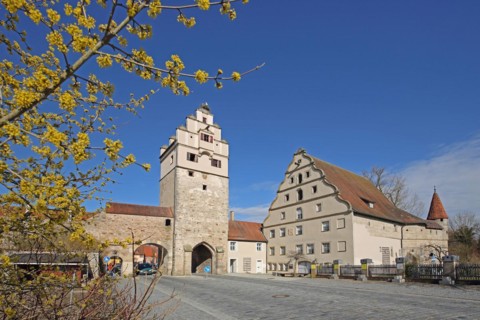 Nördlinger Tor with town fortifications, town wall and historic town mill, spring, town gate, town