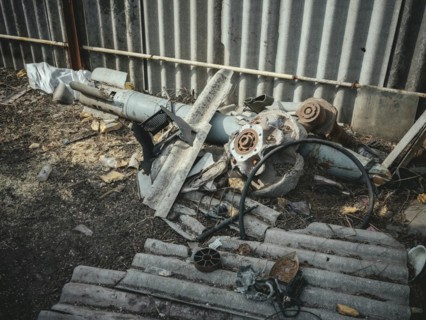 Rocket part in the yard of a small farmhouse in the village of Borshchivka, the front is only a few