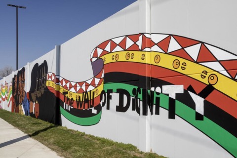 Detroit, Michigan, Detail of a mural that stretches for several blocks, by artist Hubert Massey.