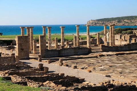 Statue of Emperor Trajan in the forum, Baelo Claudia Roman site, Cadiz Province, Spain, Europe