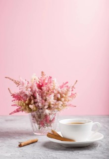 Pink and red astilbe flowers in glass and a cup of coffee on a gray and pink background. Morninig,