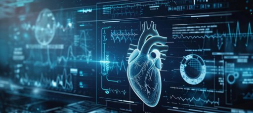 Hearth health cardiology concept with display that shows science research for heart diseases, AI