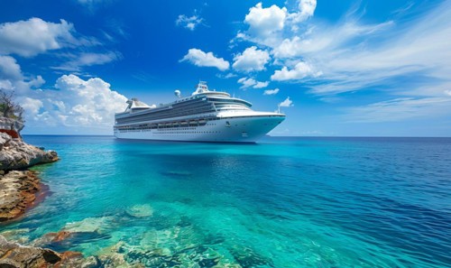 A large cruise ship is docked at the beach. The ship is white and is surrounded by a blue ocean.