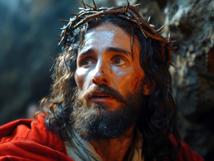 Jesus Christ on the cross on the way to his crucifixion on Via Dolorosa in Jerusalem, AI generated