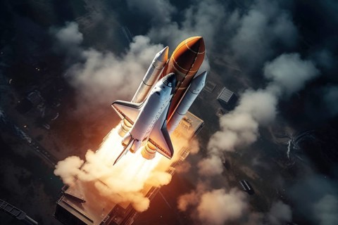 Aerial view of a rocket shuttle carrier launch at sunrise over an ocean coast. The rocket is