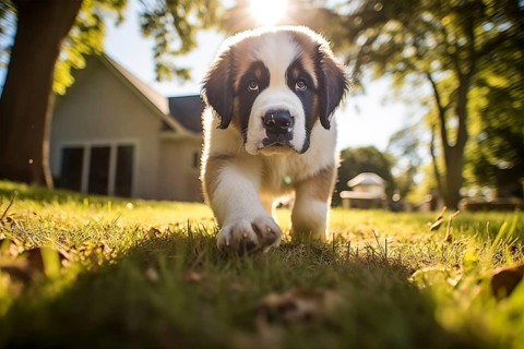 A curious cute Saint Bernard puppy with expressive eyes and floppy ears, exploring the outdoors on