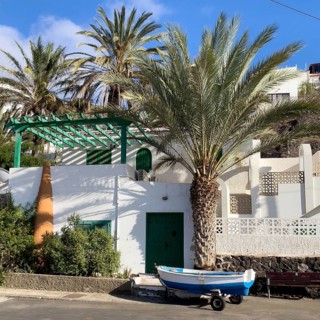 Small open fishing boat rowing boat on trailer under Canary Island date palm (Phoenix canariensis),