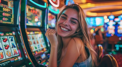 Attractive lady in casino betting her money in casino machines hoping for a win, AI generated
