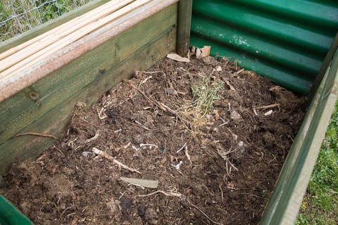 Rotted compost in garden composting bin
