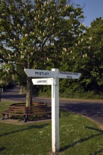 Road sign with direction pointers at road junction, Mistley, Essex, England, United Kingdom, Europe