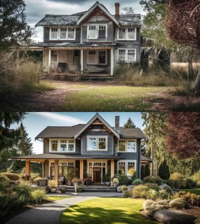 Run-down country house before and after renovation construction, generative AI, AI generated