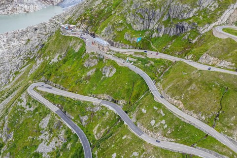 Aerial view of the Belvedere Hotel and the Furka Pass road, Obergoms, Canton of Valais, Swiss Alps,