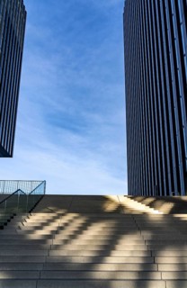 Facade of the Hyatt Hotel in the Media Harbour, staircase, Düsseldorf, North Rhine-Westphalia,