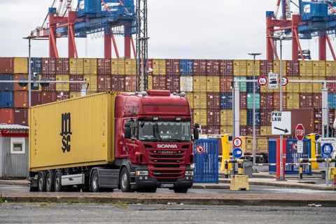 Entry and exit for container lorries, to the MSC container terminal in the seaport of Bremerhaven,