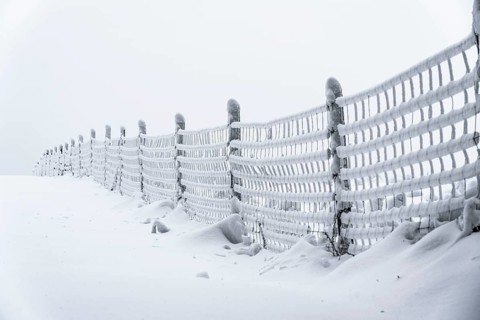 Snow-covered and icy fence, winter in Sauerland, Hochsauerlandkreis, at Kahler Asten, near