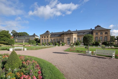 Baroque orangery, castle park, English garden, baroque garden, park bench, empty, flower bed,