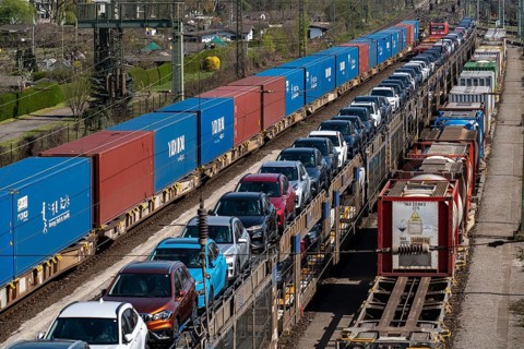 Duisburg-Rheinhausen freight station, at the Logport harbour area, goods trains loaded with new