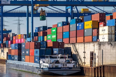 Container cargo ship in the harbour basin of the Logport, gantry cranes in the Container Handling