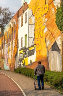 Large mural as part of the Urbanart campaign Weltbaustellen North Rhine-Westphalia, on the themes