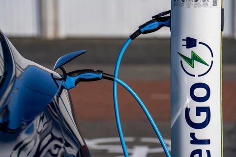 Electric car fast charging station, from the Dutch provider PowerGo, in the ferry harbour of