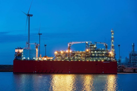 EemsEnergyTerminal, floating LNG terminal in the seaport of Eemshaven, tankers bring liquefied