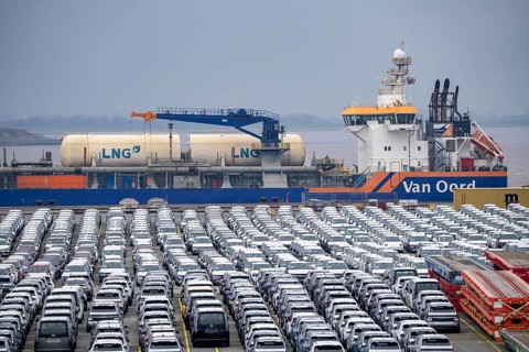 Parking space for import vehicles, hundreds of Hyundai Ioniq, electric cars, waiting for onward