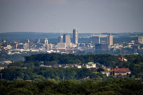 View of the skyline of Essen, from the north-west, in the background the WDR transmitter