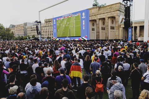 Fans react during the European Championship preliminary round match between Germany and Hungary on