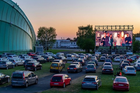 Drive-in cinema at Essen/Mülheim Airport Motor Movies, temporary film screening, at the WDL airship
