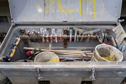 Toolbox of craftsmen, plasterers, bricklayers, drywallers, on a construction site