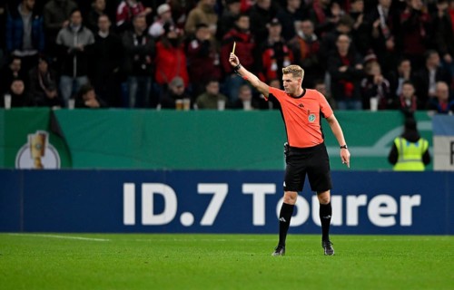 Referee Referee Timo Gerach shows yellow card yellow caution DFB Cup, PreZero Arena, Sinsheim,