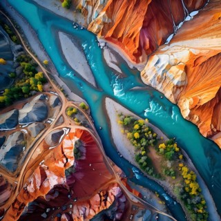 Aerial view perpendicular top down of an abstract colorful river along the coastline, AI generated