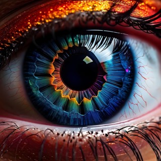 Close up of eye featuring vibrant colored eyelids with intense eye shadow, AI generated