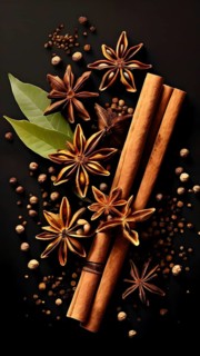 Abstract wallpaper illustration of Christmas spices like cinnamon sticks, star anise, and cloves,