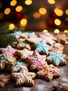 A detailed shot of Christmas cookies on a wooden table, featuring star-shaped cookies with colorful
