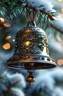 Vintage Christmas bell ornament hanging on a snow-dusted evergreen branch, capturing the intricate