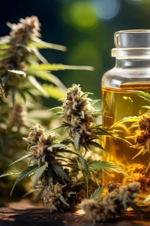 Glass jar filled with dried cannabis buds and oil on a weathered wooden counter, AI generated