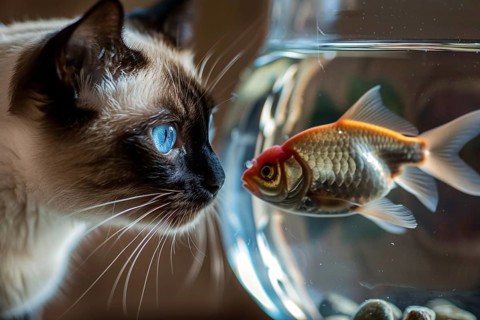 Close up of Siamese cat watching goldfish in fish bowl. Generative ai, AI generated