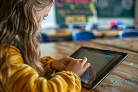 Young girl child learning with digital tablet notebook on in school. Concept for modern technology