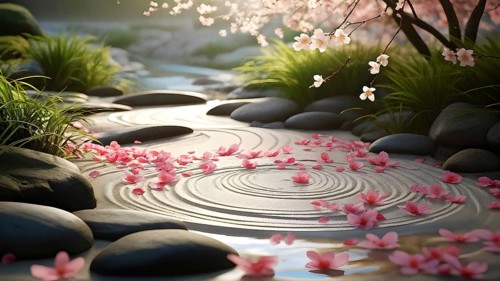 Zen garden bathed in the soft glow of dawn as a serene symbol for relaxation, AI generated
