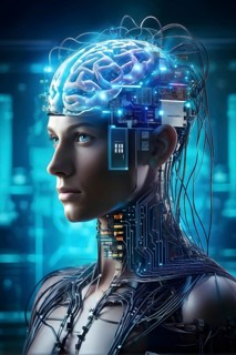 Illustration of a human brain merging with a man's head intertwined with microchips and a