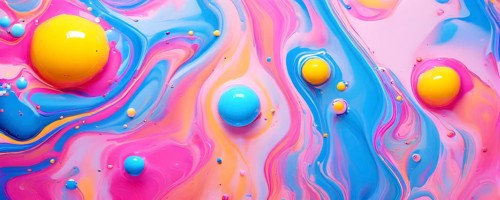 Abstract image with colorful yellow and turquoise blobs and liquid shapes on a pink background, AI