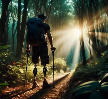 A man with an amputated leg and prosthesis walks through the forest, symbolic image people with