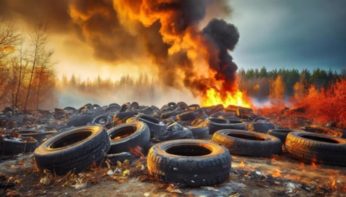Symbolism, large junkyard with old burning car tyres, AI-generated, AI-generated, AI generated