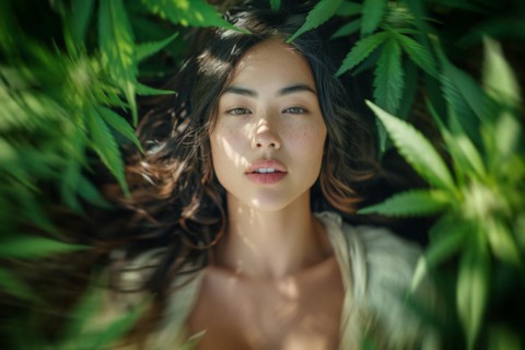 Teenager in an intoxicated state in a hemp field, surrounded by hemp leaves, cannabis, industrial