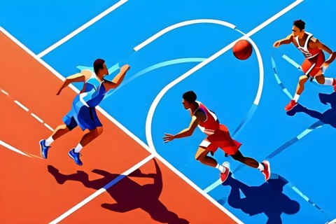 Abstract digital render of olympic basketball players morphing into fluid shapes of french tricolor
