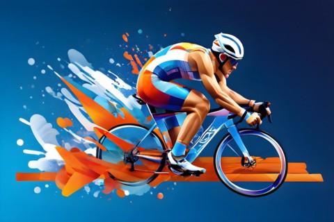 Abstract digital render of an olympic triathlete on the bike morphing into fluid shapes, AI