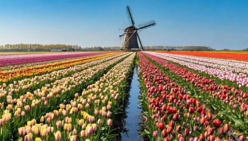 Agriculture, dense, intensely colourful blooming tulip field with a windmill, in Holland, AI