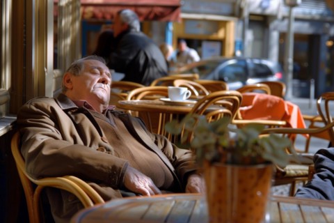 An elderly man sits asleep on a chair in a street café, symbolic image for spring fever, AI